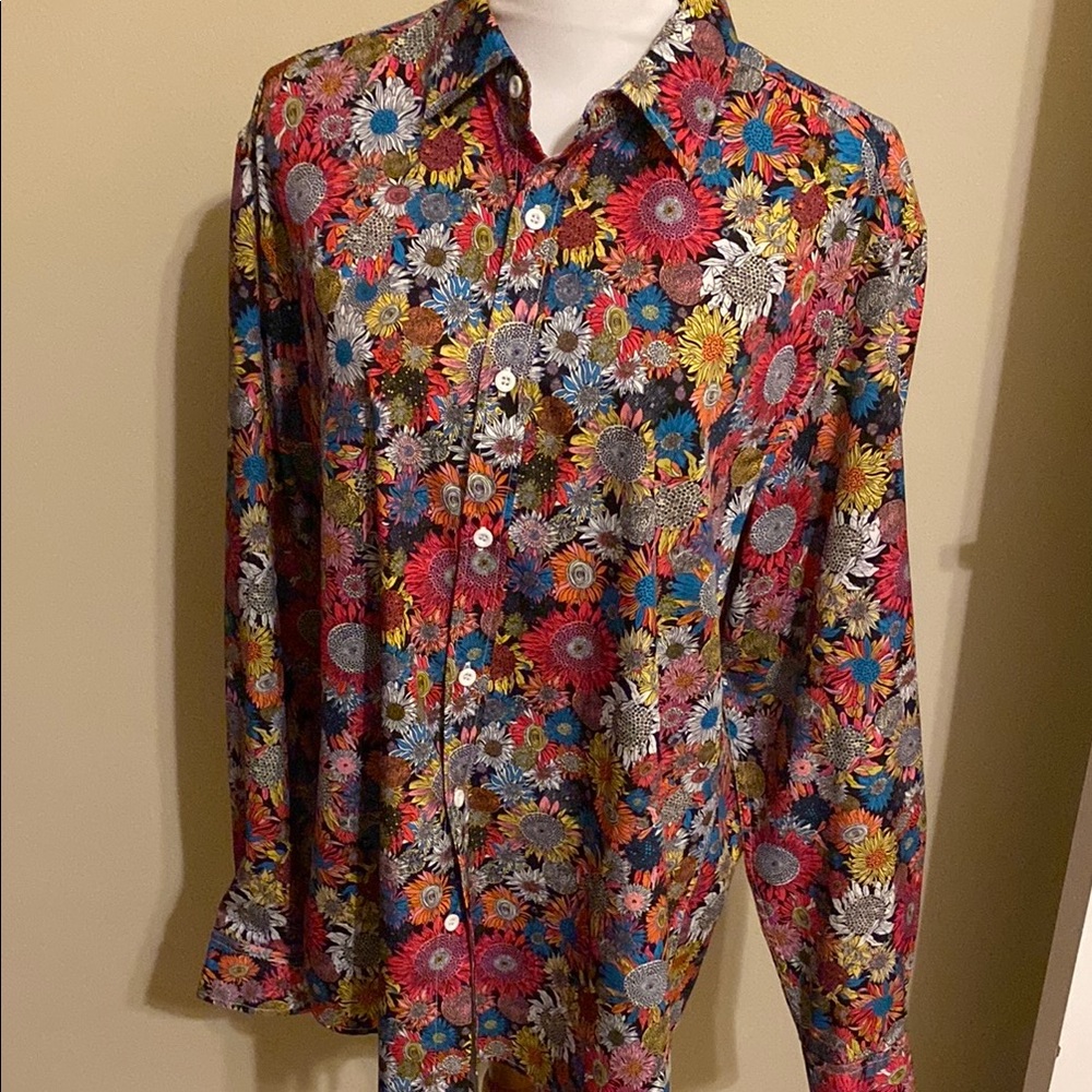 Red and Pink Casual Button Down Shirt with Floral Pattern